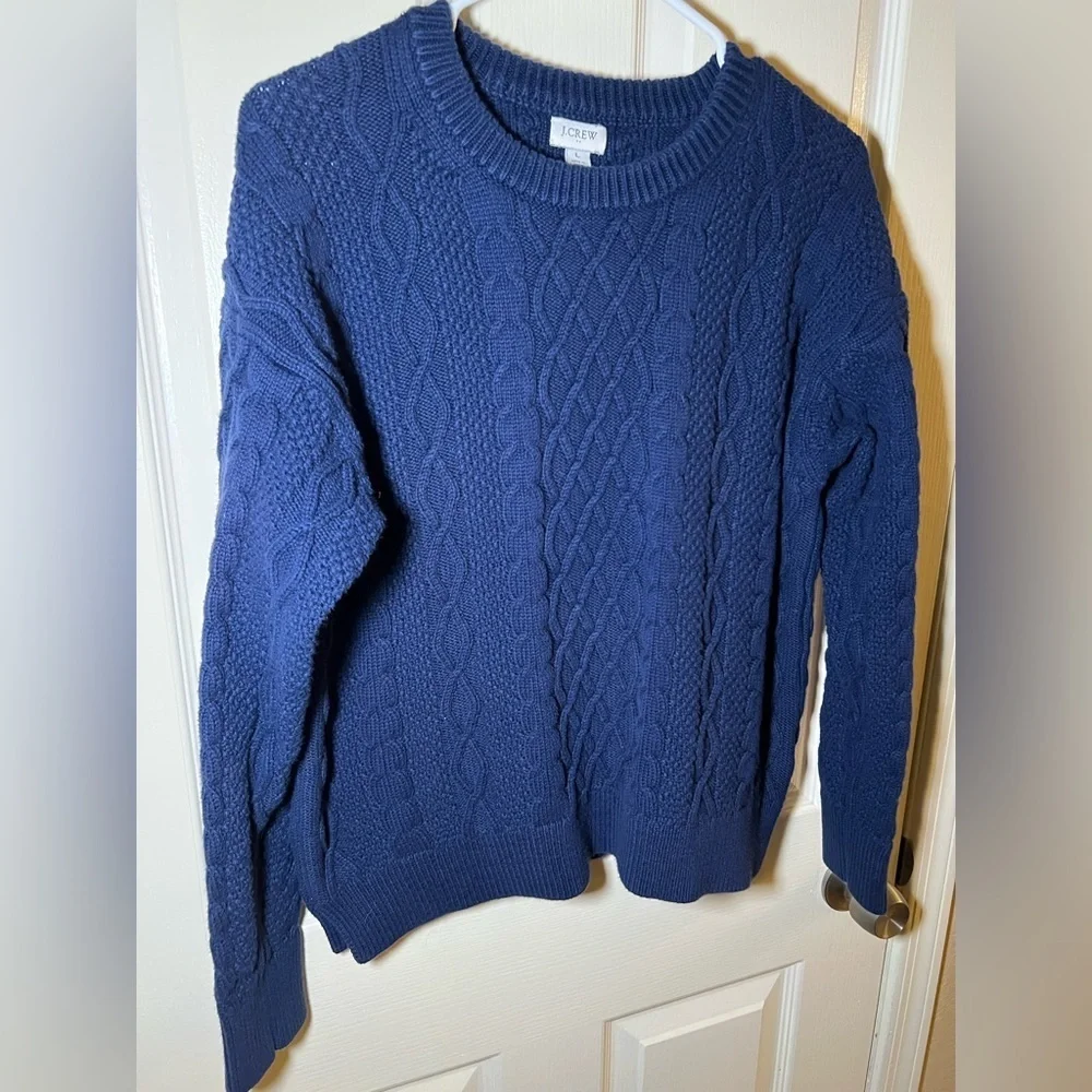 J.Crew Blue Cable Knit Crewneck Sweater Size L  100% Cotton